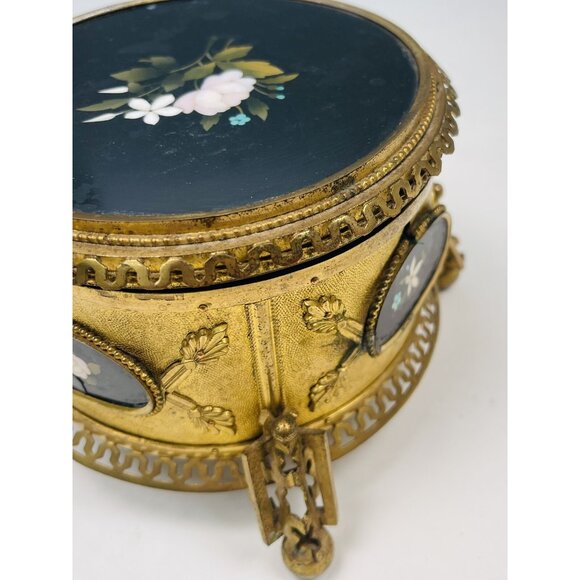 Antique 6.5" Pietra Dura Micromosaic Round Gilt-Bronze JEWELRY BOX w/ Velvet Key - Picture 12 of 12